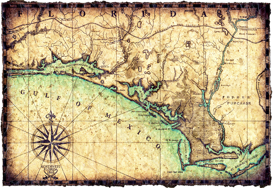 Old-fashioned map of Florida and the Gulf of Mexico