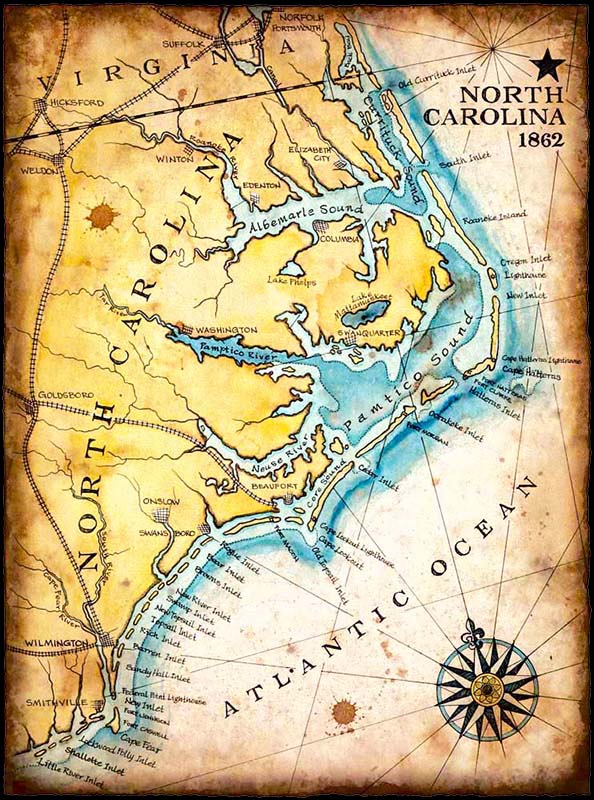 Map of North Carolina and the Atlantic Ocean
