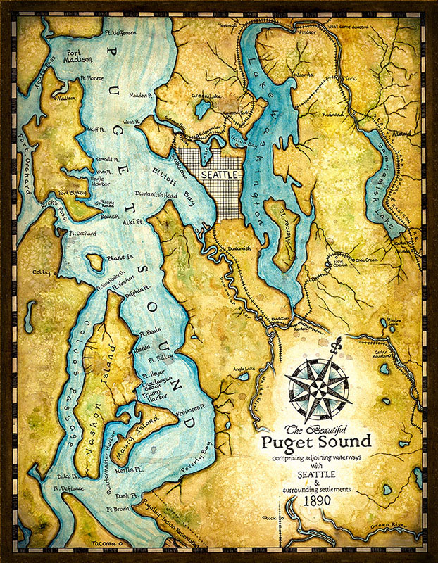 Map of Puget Sound with Seattle and surrounding settlements